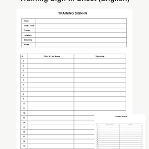 Op de afbeelding: Een wit trainingsinschrijfformulier met de tekst "Training Sign-In Sheet (English)". Het formulier bevat velden voor onderwerp, datum/tijd, trainer, locatie, materialen en notities, evenals een sectie voor handtekeningen.
