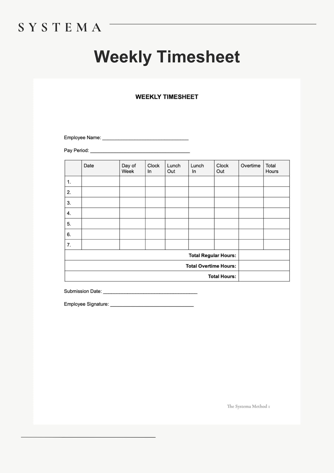 Weekly Timesheet Template | Minimal Employee Work Hours Log (PDF ...