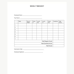 May include: A white weekly timesheet with the "SYSTEMA" logo at the top. The document includes fields for employee name, pay period, and a table to record daily work hours, including clock-in/out times, lunch breaks, and overtime. The text "Weekly Timesheet" is prominently displayed.