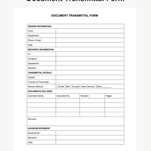 May include: A white Document Transmittal Form with black text and lines. The form includes sections for Sender Information, Recipient Information, Transmittal Details, Documents Included, and Acknowledgement, with checkboxes for delivery methods.