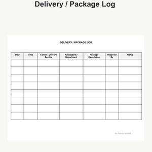 May include: A white Delivery / Package Log document with the text "SYSTEMA" at the top. The document includes fields for date, time, carrier, recipient, package description, and notes. The title "Delivery / Package Log" is prominently displayed.