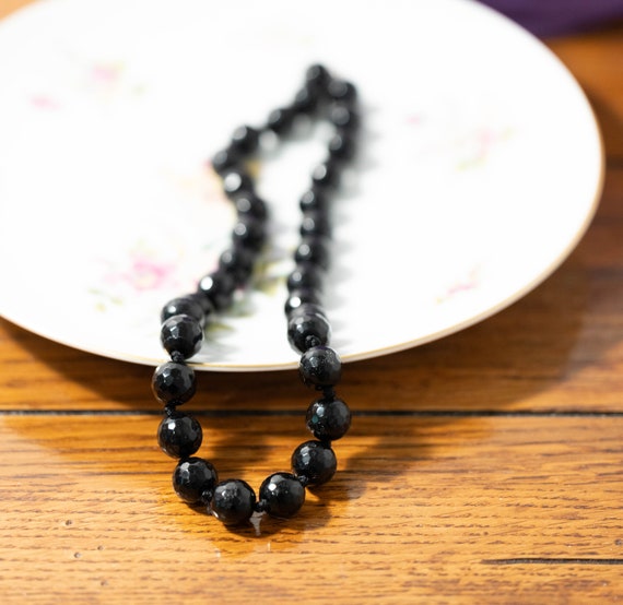 Vintage Black Glass Faceted Bead Necklace, Sterli… - image 2