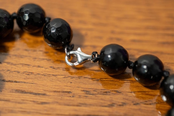 Vintage Black Glass Faceted Bead Necklace, Sterli… - image 7