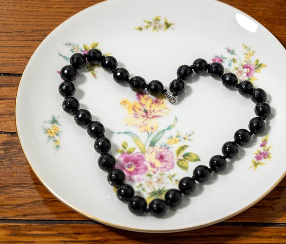 Vintage Black Glass Faceted Bead Necklace, Sterli… - image 1