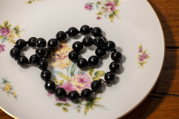 Vintage Black Glass Faceted Bead Necklace, Sterli… - image 5