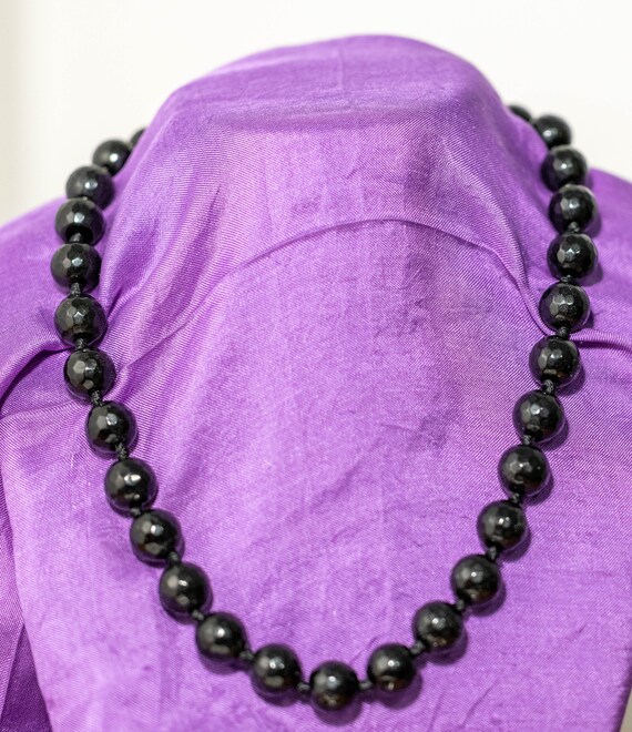 Vintage Black Glass Faceted Bead Necklace, Sterli… - image 6