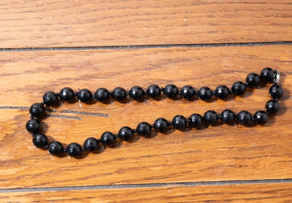 Vintage Black Glass Faceted Bead Necklace, Sterli… - image 3