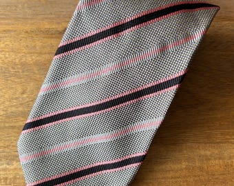 Vintage Georges Rech Paris Men's Neck Tie 90s, Black Grey Silver Pink Necktie, Stripe Pattern Silk Tie, Soie, French Made, Made in France