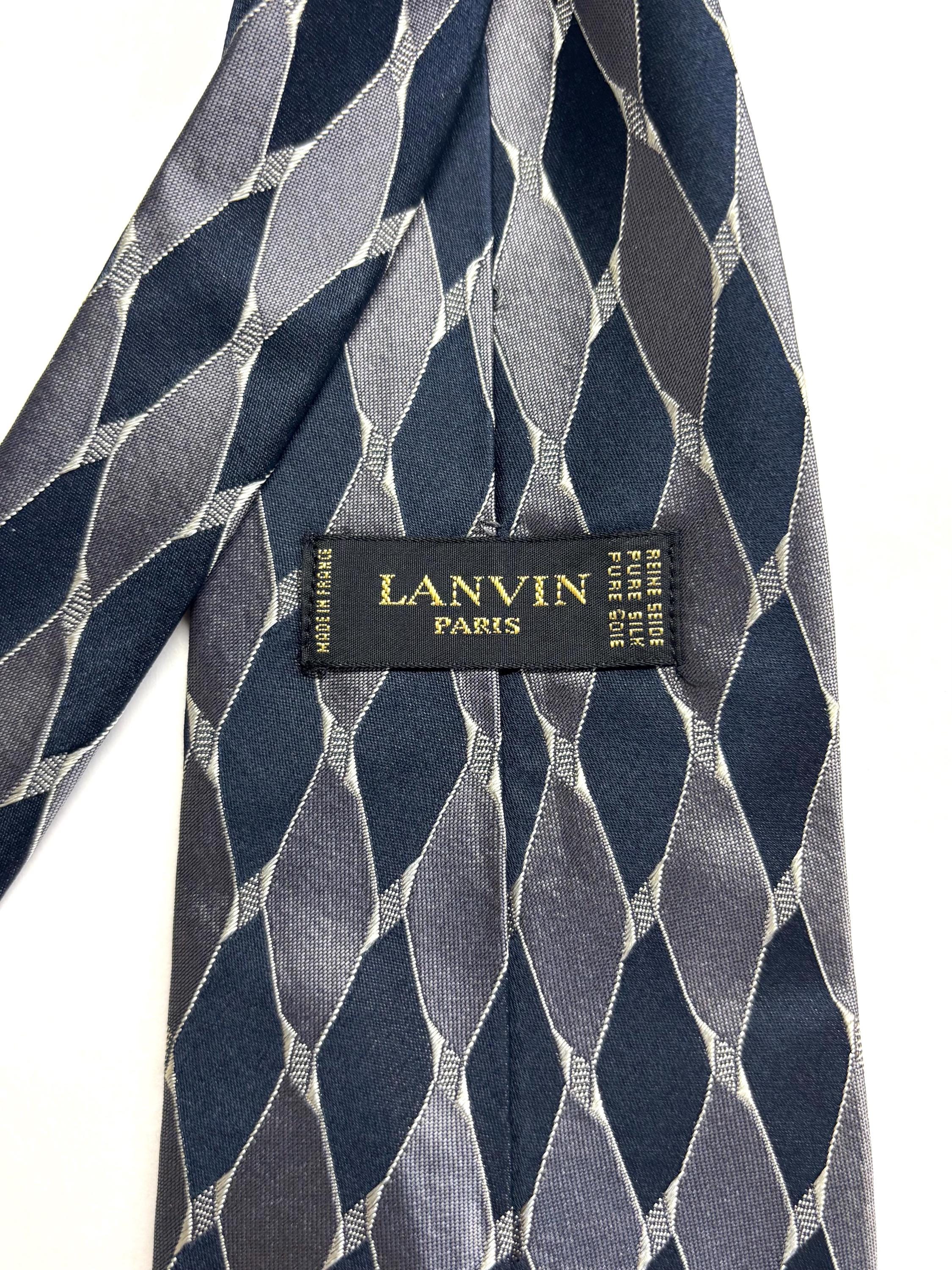 Vintage Lanvin Paris Tie, Navy Blue, Grey, Silver Tie  Lanvin  Paris Blue Gray Diamond Print Silk Tie Width 3inches main image 1