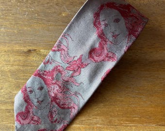 Vintage Tino Cosma Men Tie, 100% Silk Tie, Vintage Neck Tie 90s, Made in Italy, Baroque Style Silver Grey Pink Red Necktie, Italian Made Tie