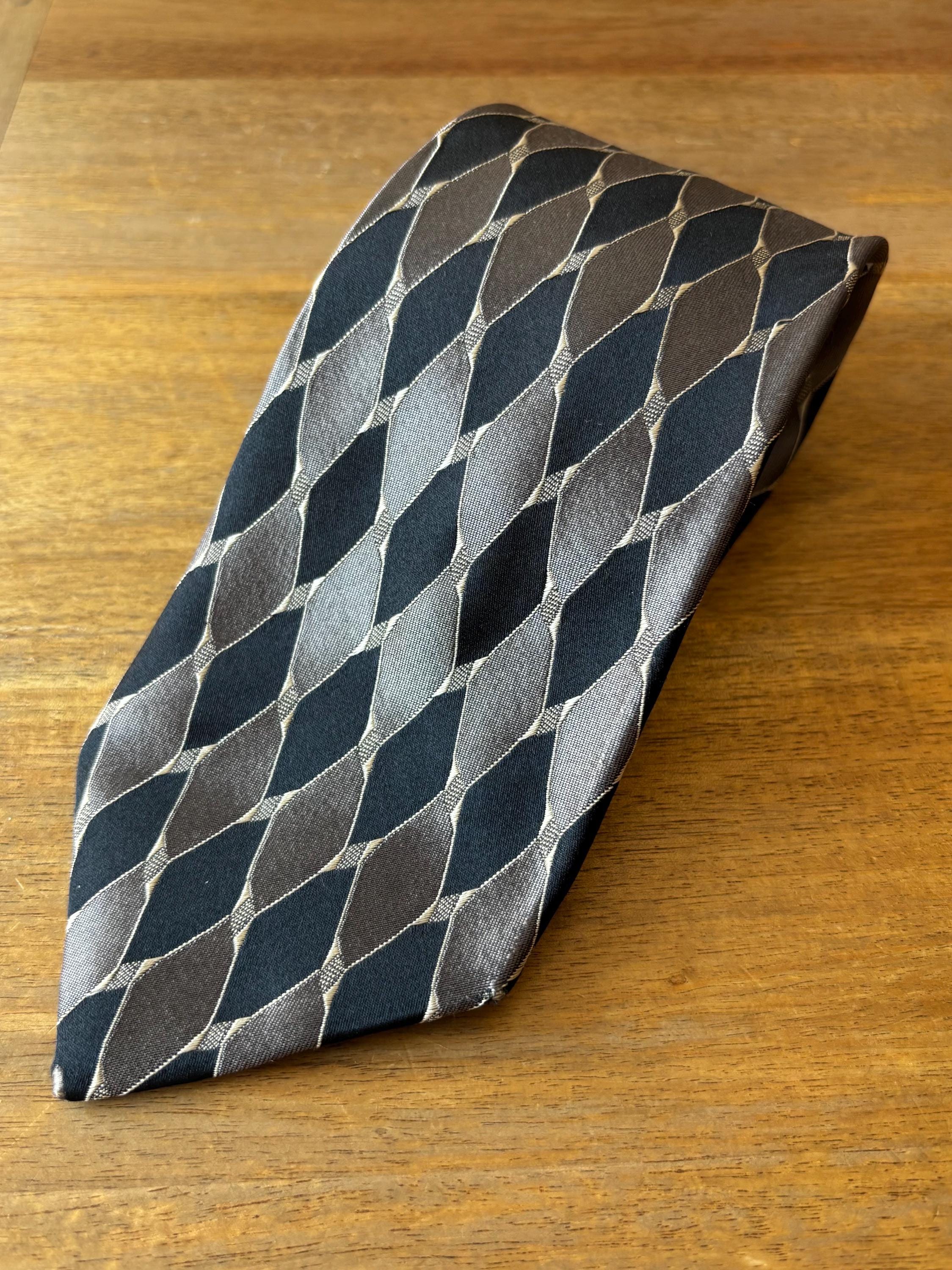Vintage Lanvin Paris Tie, Navy Blue, Grey, Silver Tie  Lanvin  Paris Blue Gray Diamond Print Silk Tie Width 3inches main image 0