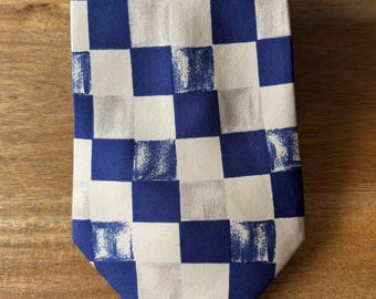 Vintage Cerruti 1881 Silk Tie 90s, 100% Silk, Blue Cream Beige Tie, Square Checkered Pattern Neck Tie, Made in France, French Made Necktie