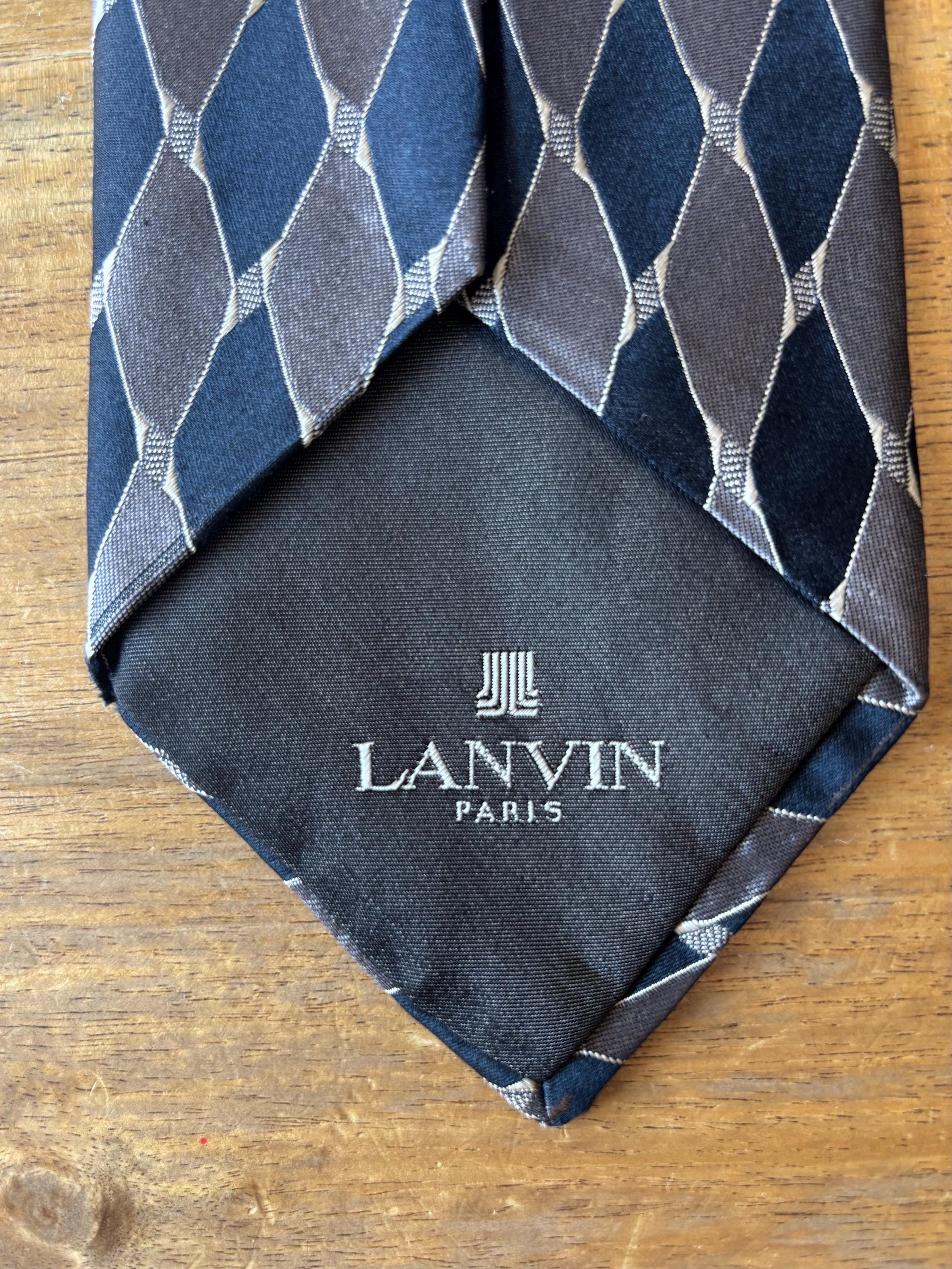 Vintage Lanvin Paris Tie, Navy Blue, Grey, Silver Tie  Lanvin  Paris Blue Gray Diamond Print Silk Tie Width 3inches main image 0