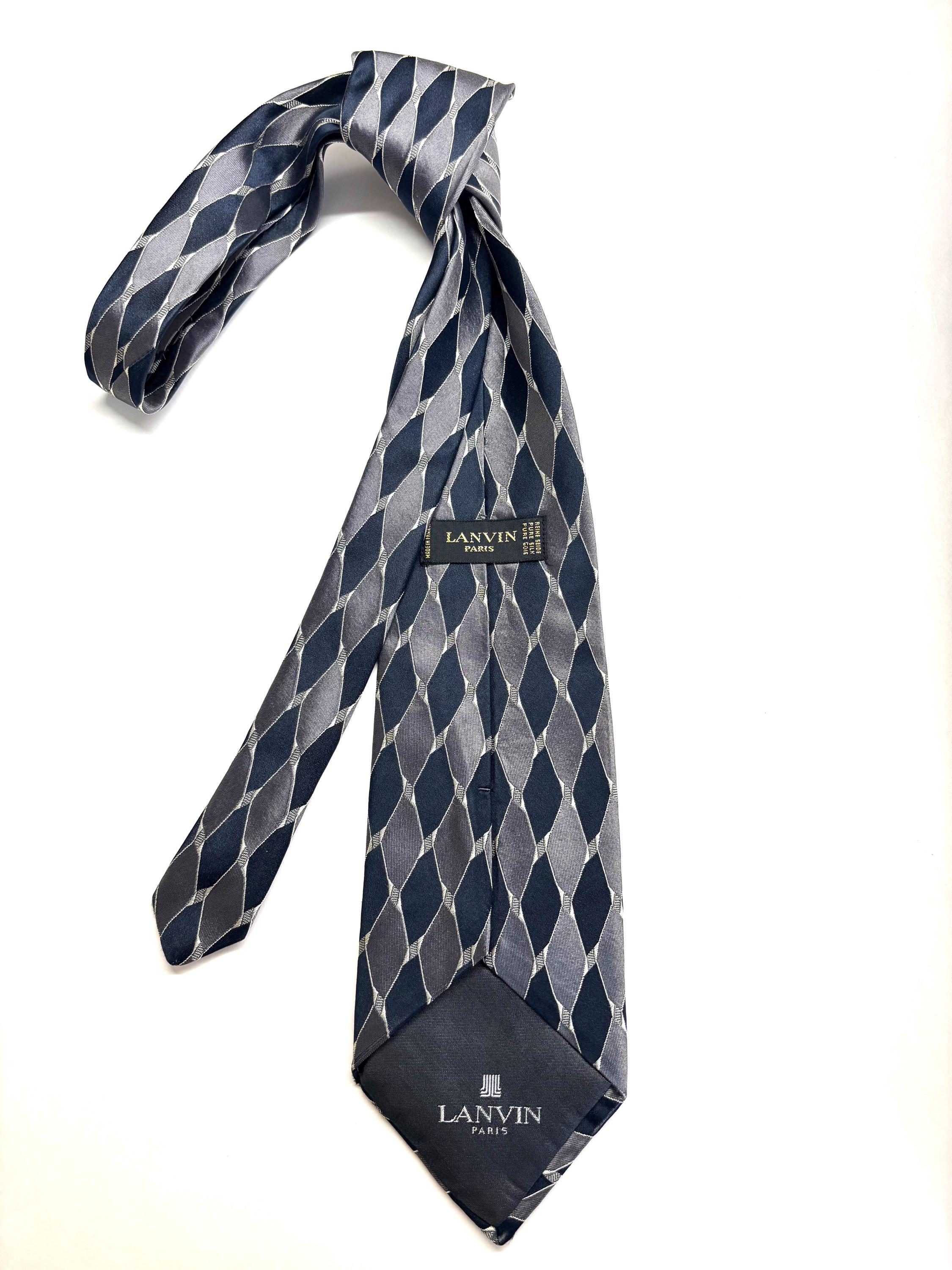 Vintage Lanvin Paris Tie, Navy Blue, Grey, Silver Tie  Lanvin  Paris Blue Gray Diamond Print Silk Tie Width 3inches main image 1