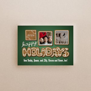 Gingerbread Cookie Happy Holidays Card with Photo on Green Background, Editable in Corjl