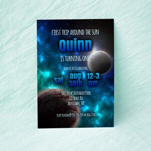 Space First Birthday Digital Invitation, First Trip around the Sun in Blue