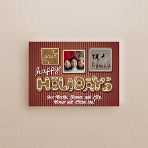 Gingerbread Cookie Christmas Card with Photo on Red Background, Editable in Corjl