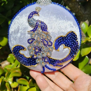 Peacock Christmas ornament | Blue and white Christmas ornament | Bird holiday ornament | White velvet ornament | Peahens | Peafowl