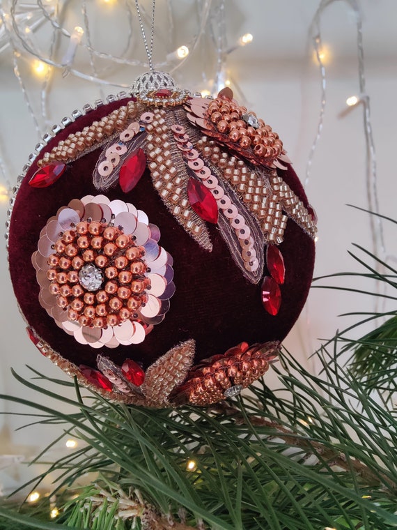 BURGUNDY CHRISTMAS TREE Handmade Velvet Ornaments 