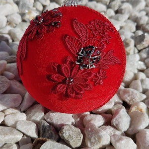 Red Christmas ornament, Ladybug holiday ornament | Ladybug on flower ornament | Red velvet ornament | Lady bird bauble | Lady beetles bauble