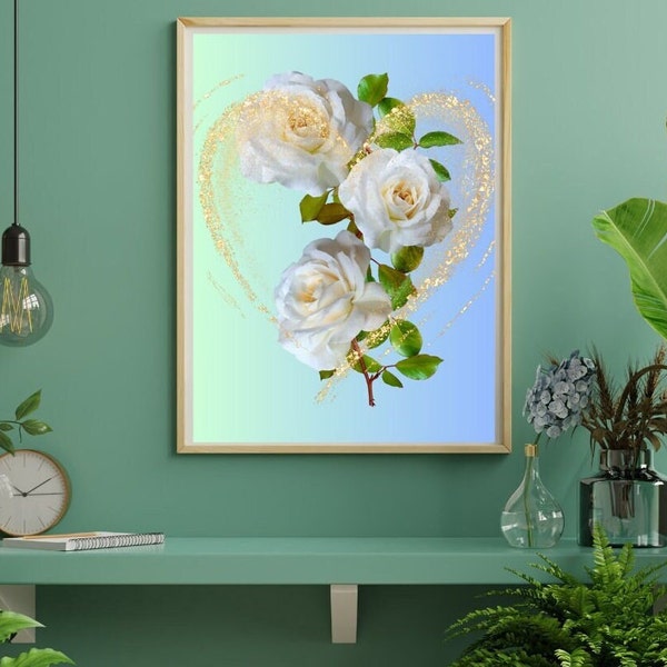 Happy White Flower en 5 échantillons, Art mural d’impression numérique. Fleur blanche et grand coeur doré comme espoir et amour