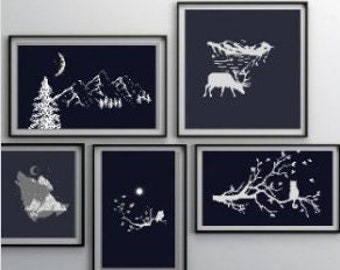 White and black Wall art décoration "in the night",Black and white set of 5 Digital wall art, printable with highest quality png.