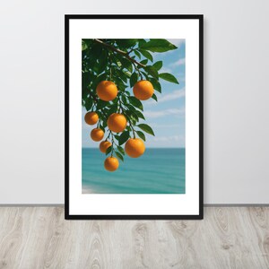 Fotografia dell'oceano, stampa di agrumi, arte murale incorniciata, decorazione costiera tropicale, frutta arancione, arte della natura