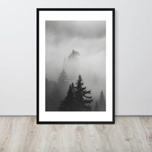 Stampa fotografica in bianco e nero di pini nebbiosi - Decorazione da parete con cornice di foresta nebbiosa - Decorazione paesaggistica con natura serena