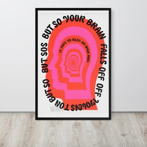 Póster de cerebro psicodélico, decoración de pared pop art de los años 70, impresión de silueta rosa y roja vibrante, enmarcado y listo para colgar, arte para el hogar de mente abierta.