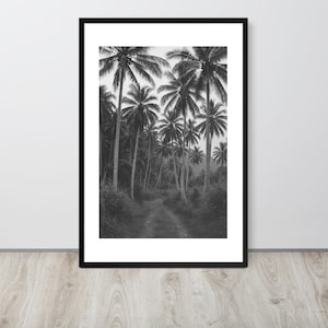 Stampa fotografica in bianco e nero "Panorama di palme" - Decorazione da parete tropicale con cornice - Decorazione per soggiorno o ufficio per una fuga nella natura serena