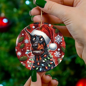 Funny Doberman Christmas Tree Ornament - Round Ceramic Holiday Decor - Pet Dog Ornament