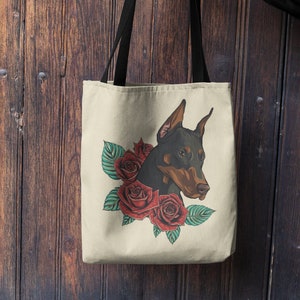 Doberman with Roses Tote Bag: Tattoo-Inspired Dog Lover Gift