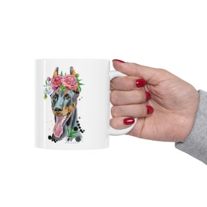 Doberman Floral Watercolor Ceramic Mug 11oz - Dobie Lover Gift