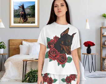 Doberman & Roses Women's Pajama Set: Tattoo Inspired Loungewear