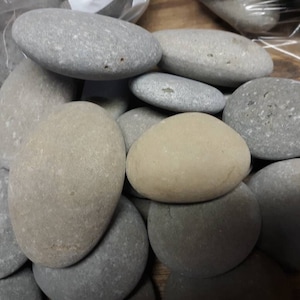 May include: A pile of smooth, gray river rocks of varying sizes. Some rocks have a light tan hue, while others are a darker gray. The stones are oval and rounded, suggesting they have been tumbled by water.