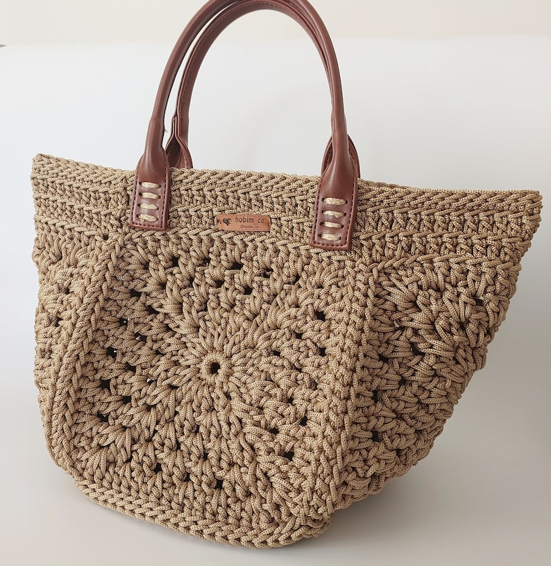 Gift For Mother, Crochet Tote Bag, Tote Shoulder Bag , Leather Hand bag, Handmade Bag, Crochet Bag Pattern, Motif Bag, Granny Square Bag zdjęcie 7