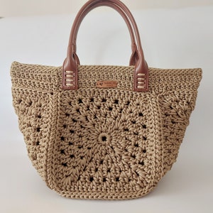 Gift For Mother, Crochet Tote Bag, Tote Shoulder Bag , Leather Hand bag, Handmade Bag, Crochet Bag Pattern, Motif Bag, Granny Square Bag zdjęcie 1