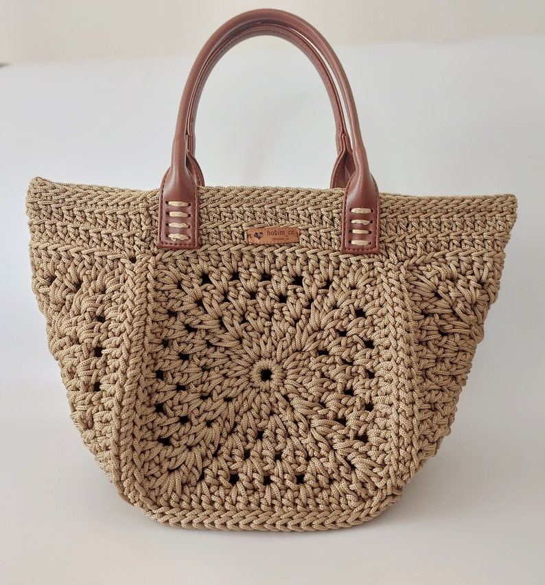 Gift For Mother, Crochet Tote Bag, Tote Shoulder Bag , Leather Hand bag, Handmade Bag, Crochet Bag Pattern, Motif Bag, Granny Square Bag zdjęcie 1