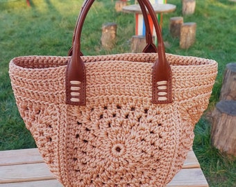 Happy Mother Days, Leather Handle Hand-Knit Bag, Tote Shoulder Bag , Handmade Bag, Crochet Bag Pattern, Retro Style, Gift For Mother