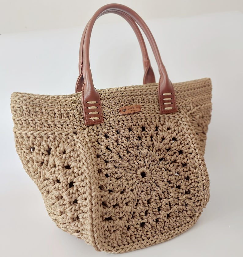 Gift For Mother, Crochet Tote Bag, Tote Shoulder Bag , Leather Hand bag, Handmade Bag, Crochet Bag Pattern, Motif Bag, Granny Square Bag zdjęcie 2