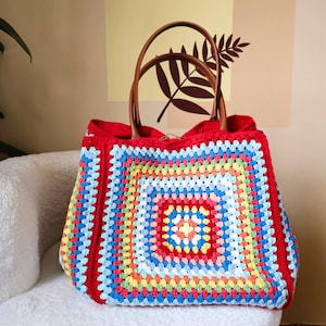 Handgefertigte rote Häkeltasche, Oma Square Wochenend-Einkaufstasche, Häkeltasche, Strand-Einkaufstasche, Boho Style Reisezubehör, übergroße Sommertasche