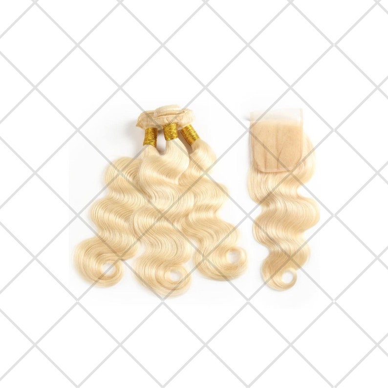 May include: Three bundles of blonde human hair extensions with a matching closure. The hair is wavy and has a light blonde color.