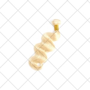 May include: A bundle of platinum blonde human hair extensions in a loose wave pattern. The hair is tied with a gold weft.