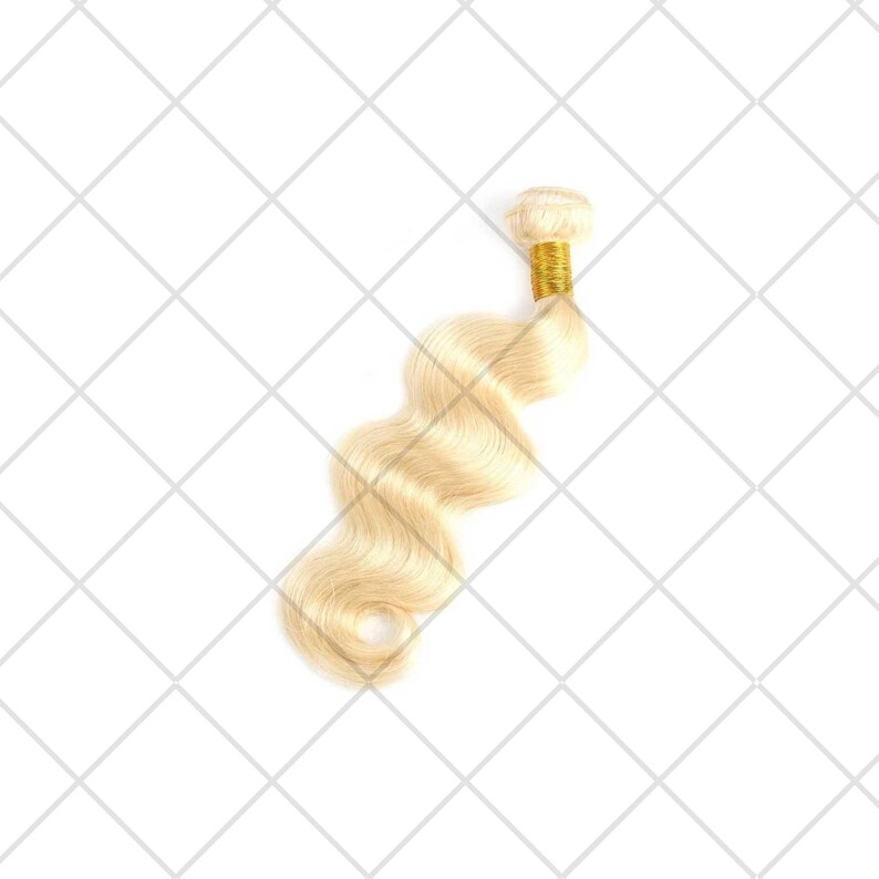 May include: A bundle of platinum blonde human hair extensions in a loose wave pattern. The hair is tied with a gold weft.