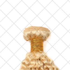 May include: A weft of blonde human hair extensions with a wavy texture. The hair is tied together with a gold wire.