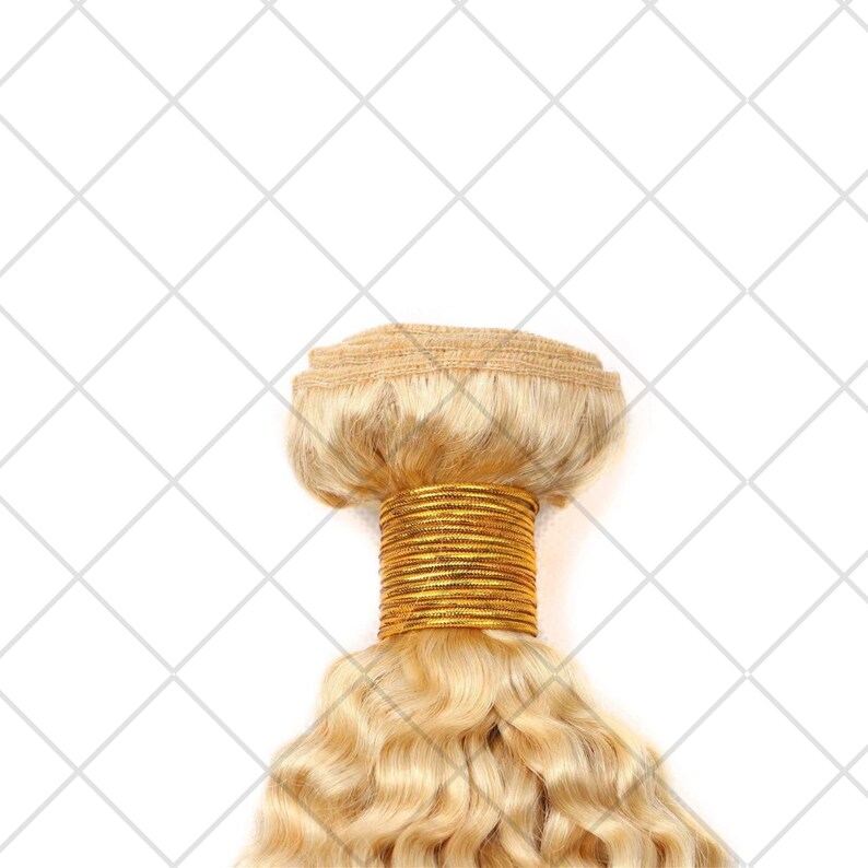 May include: A weft of blonde human hair extensions with a wavy texture. The hair is tied together with a gold wire.