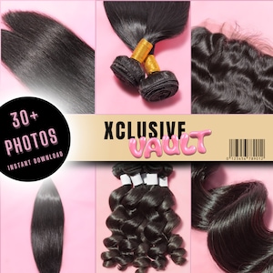 Puede incluir: Un collage de diferentes extensiones de cabello, incluyendo estilos lisos, rizados y ondulados. La imagen también incluye una frontal de encaje y un código de barras con el texto "XCLUSIVE VAULT" y "30+ FOTOS DESCARGA INSTANTÁNEA".