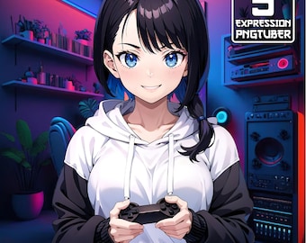 Chica Gamer PNGTuber / 5 Expresión / Chica Pngtuber, Avatar de Stream, Modelo de Stream, Pngtuber Acogedor, Chica Neet Pngtuber, Sudadera Corta PNG Tuber