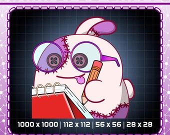 Bunny Note It! Emote animado, coelho de pelúcia costurado, emote animado Taking Note, emotes de coelho gótico para Twitch, Kick, Discord e muito mais