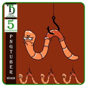 May include: A cartoon worm with a grumpy expression is hooked on a fishing line. The worm is orange and has a white stripe down its body. The worm is being held up by the fishing line, which is attached to a hook. The worm is surrounded by a brown background. The text "PNGTUBER" is written vertically on the left side of the image. The text "EXPRESSION" is written below the number "5" on the left side of the image.